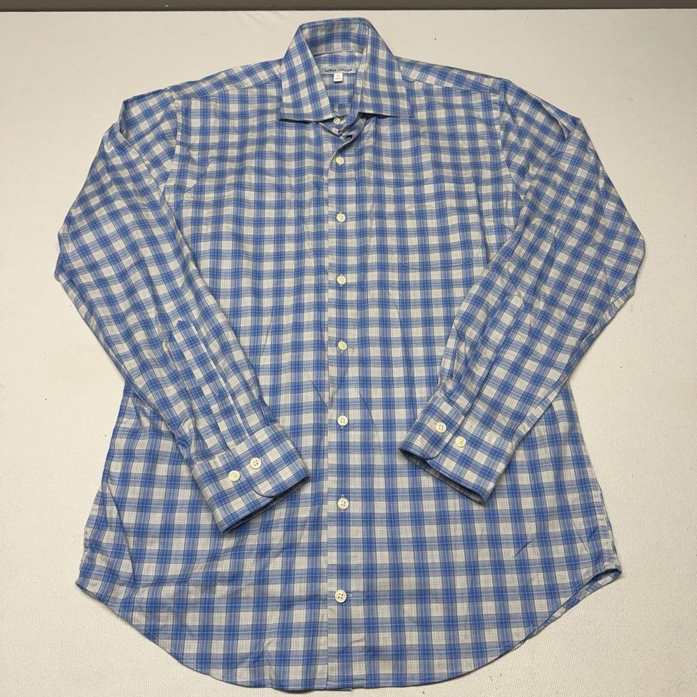 Peter Millar Shirt Men's M Medium Blue Plaid Stretch Button Front Long Sleeve